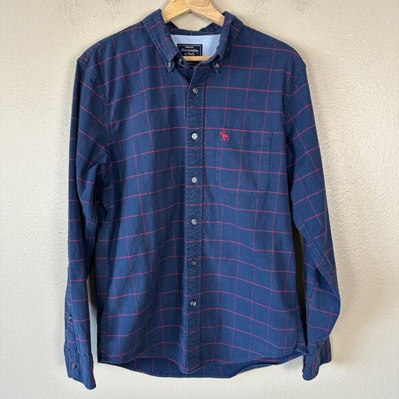 Abercrombie & Fitch Mens Medium Button Down Shirt Casual Preppy Blue Red Plaid - Picture 2 of 4